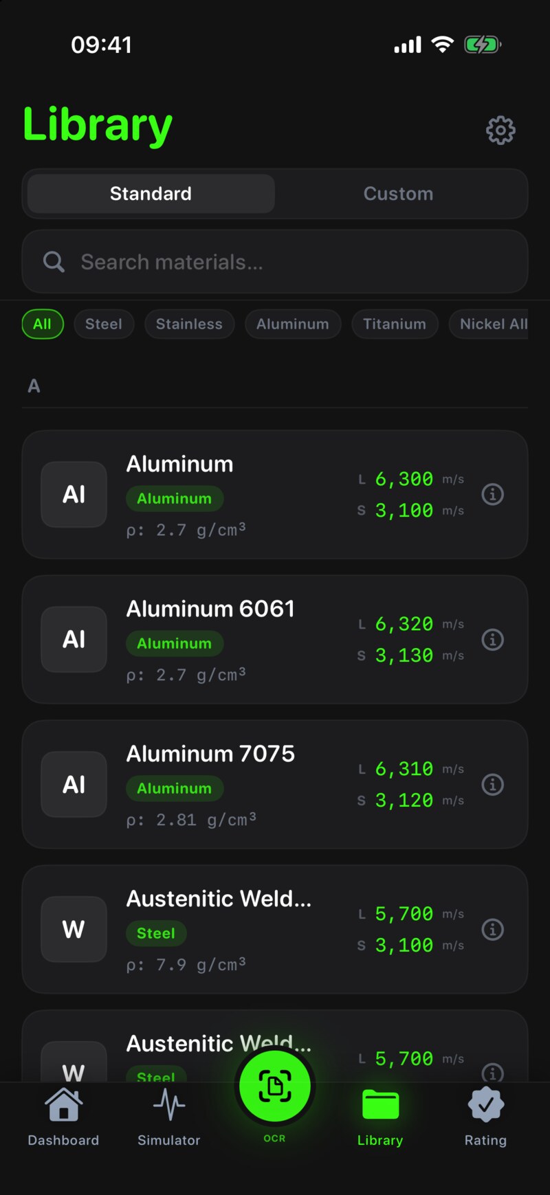 Material library with steel, aluminum, stainless presets